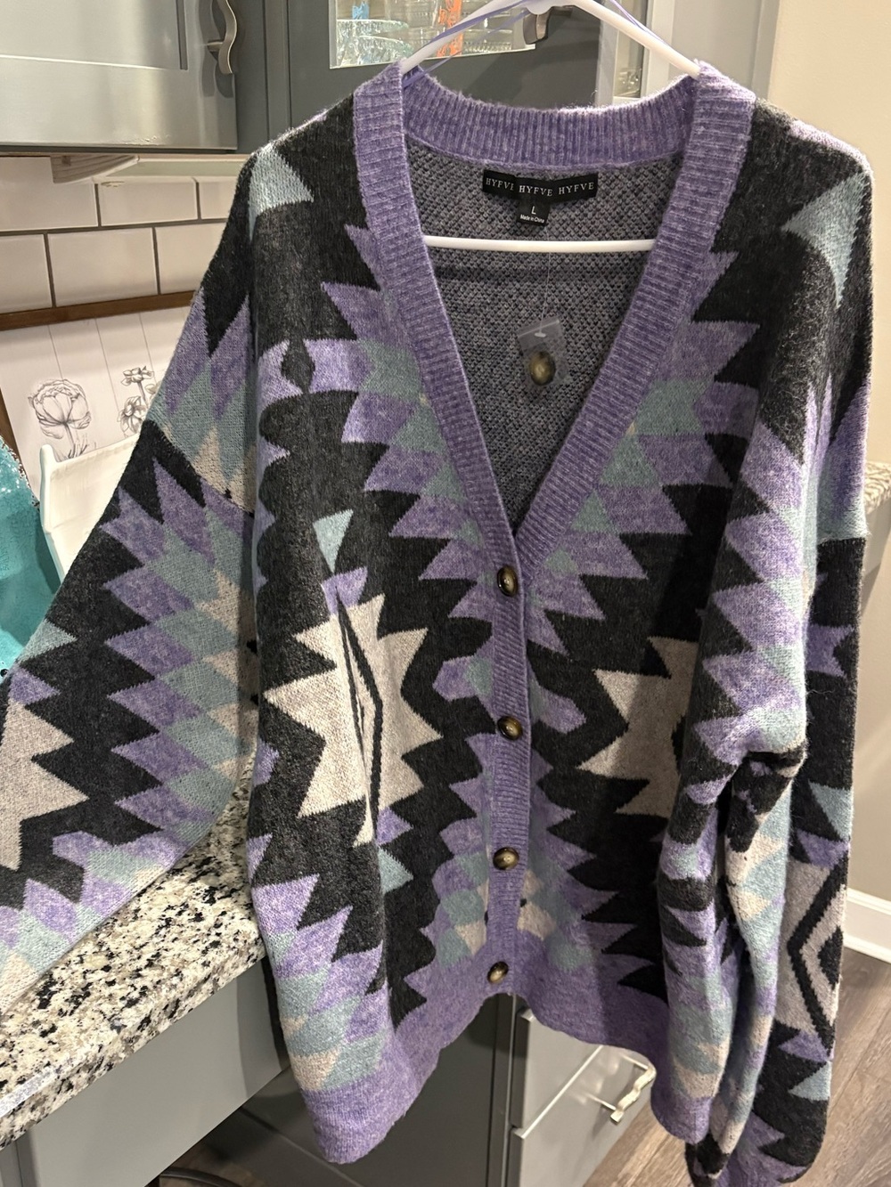 Hyfve Aztec Pattern V‑Neck Button Cardigan Sweater - Lavender/Black